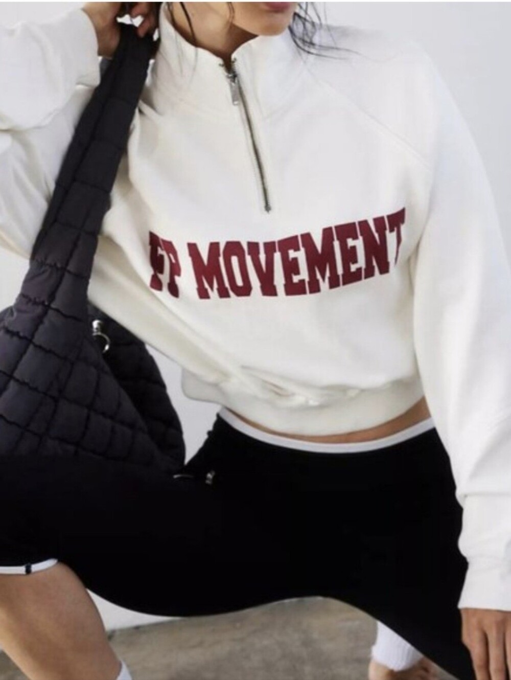 FP Movement by Free People Cream Quarter-Zip Sweatshirt with Burgundy Logo